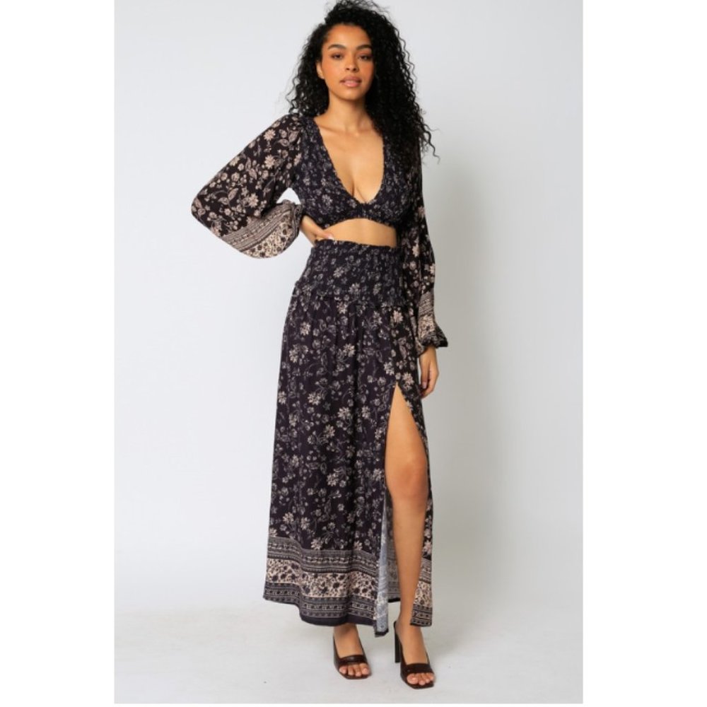 Olivaceous Midnight Floral Bohemian Midi Skirt 2108-16LSH